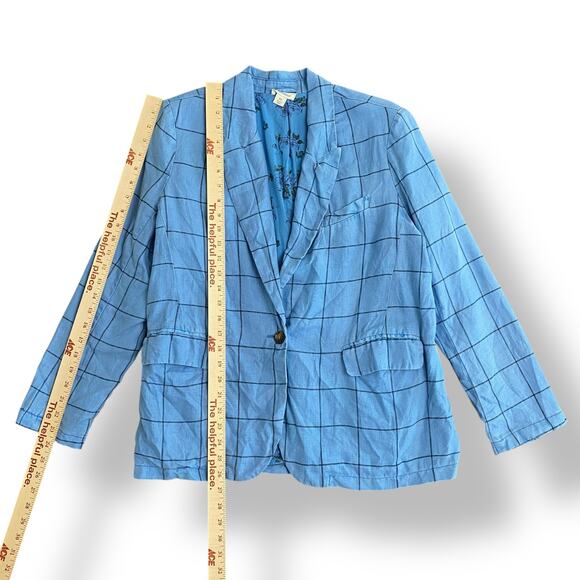 Sundance Linen Iris Blue Plaid Windowpane Blazer Womens Size PS Preppy - Picture 3 of 8